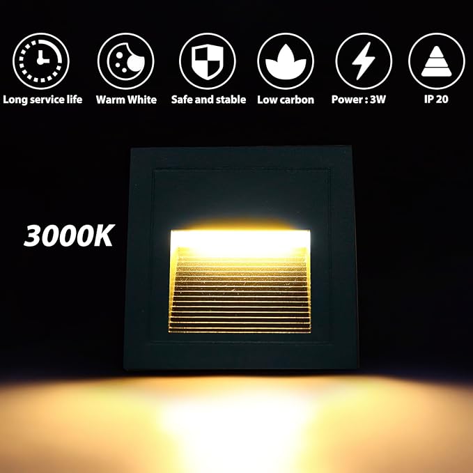 4pcs/3W Wall Recessed Stair Lights LED,Warm White,Indoor Step Light,Square Recessed Wall Light,Grey Cover Staircase Light IP20 for Indoor Stairs, Home, Kitchen, Attic, Aisle