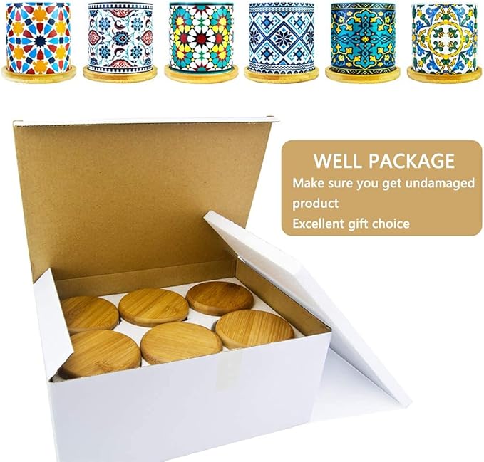 6 Pack Mandala Succulent Plant Pot with Bamboo Trays, Ceramic Multicolored Succulent Container Planter Pot for Small Plant