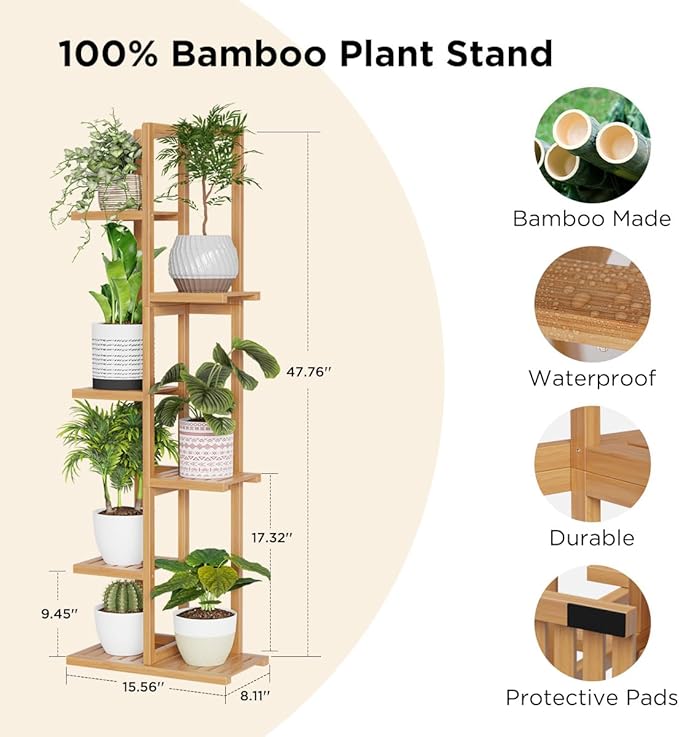 H HOMEXIN Bamboo Plant Stand Rack - Indoor & Outdoor Plant Stand 6 Tier 7 Potted Multiple Flower Planter Pot Holder Shelf Rack Display for Patio Garden Corner Balcony Living Room