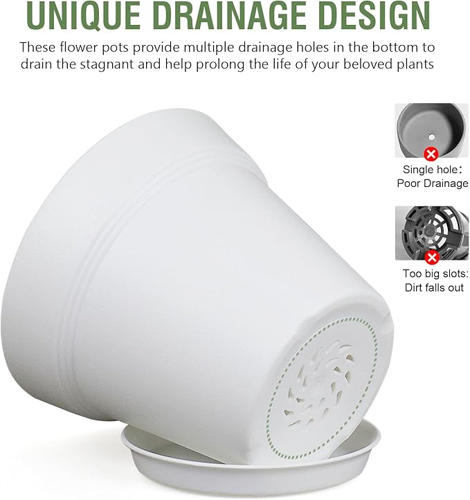 4 inch Small Plastic Nursery Pots, 16 Pack Plant Pots for Indoor Outdoor Plants, Flower Pots with Drainage Holes and Saucers, Decorative Seedling Starter Planters for House Plants, White