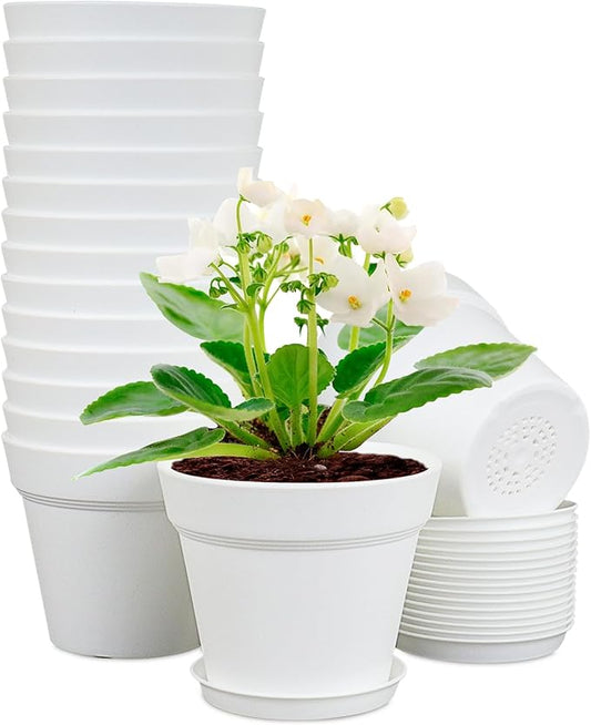 6 inch Small Plastic Nursery Pots, Seedling Pots, 16 Pack Plant Pots for Indoor Outdoor Plants, Flower Pots with Drainage Holes and Saucers, Decorative Planters for House Plants, White