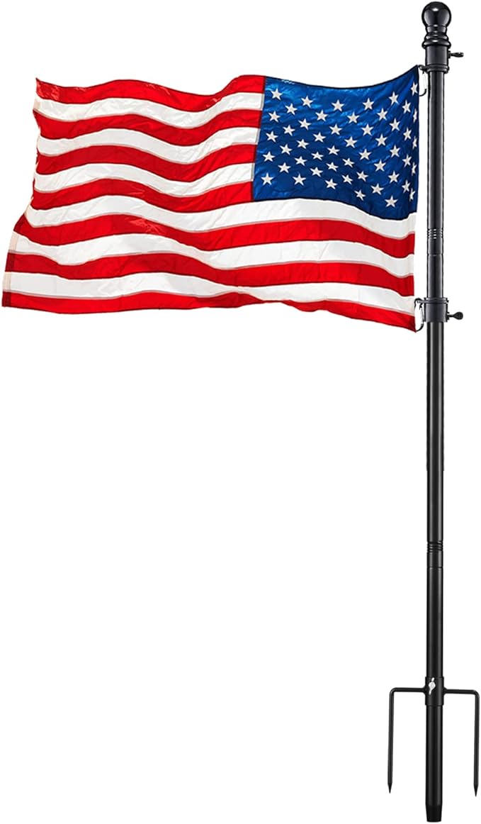 Black Flag Poles for Outside House inground - 8.5FT Metal Outdoor Yard House in Ground Flag Pole Holder for Porch with 2 Pronges Base - 3x5FT American Flag with Pole for House