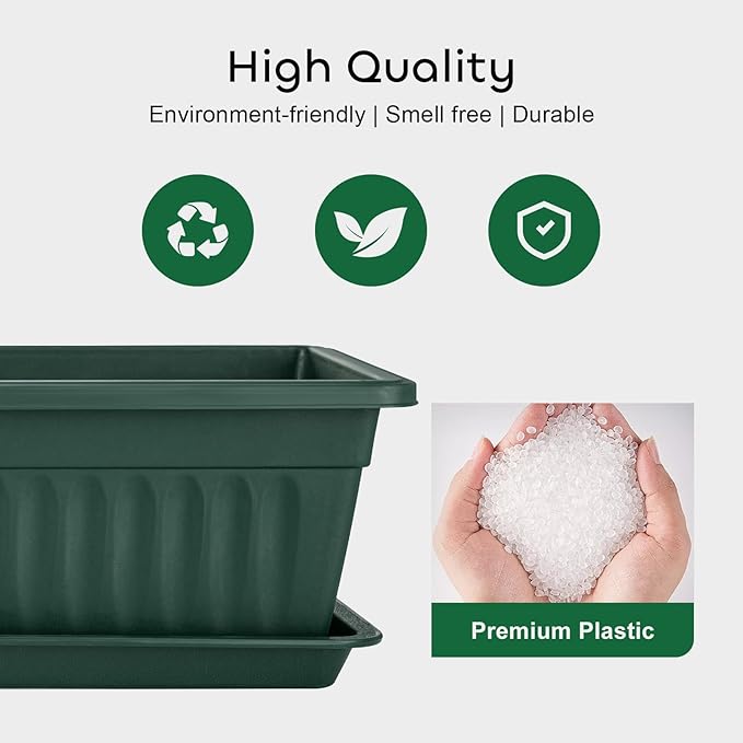 GROWNEER 6 Packs 17 Inches Green Flower Window Box Plastic Vegetable Planters Long Pots with 15 Pcs Plant Labels for Outdoor Indoor Windowsill Patio Garden Home Decor Porch