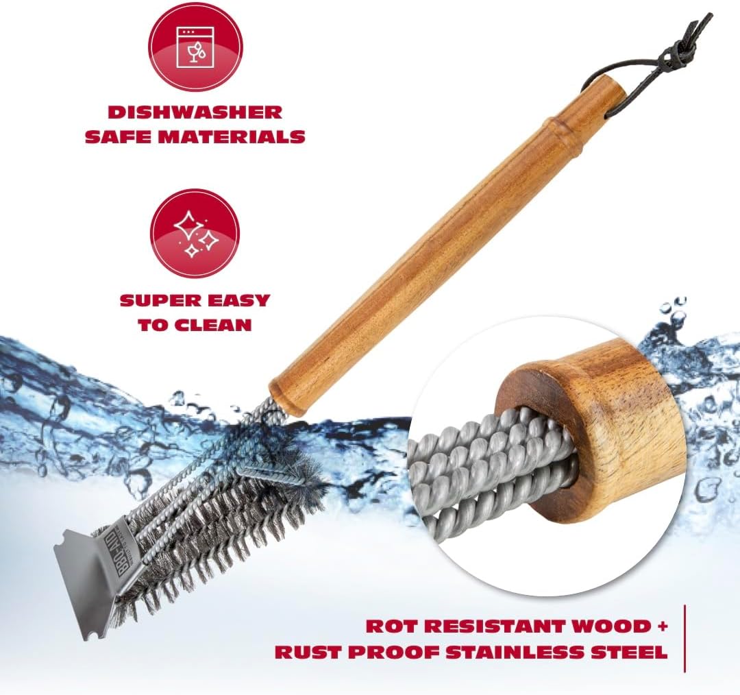BBQ-AID All Angles BBQ Grill Brush for Outdoor Grill – Cleans All Angles, Large Wooden Handle, and Stainless Steel Bristles - BBQ Brush for Grill Cleaning – Grill Cleaner Brush Safe for BBQ and Grill