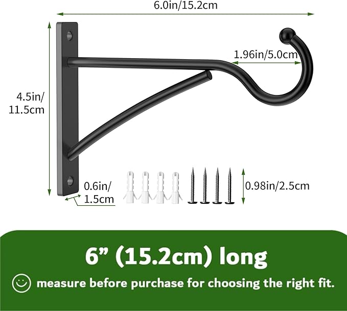 6 Inch 2 Pack Outdoor Plant Hanging Hooks for Wall:Metal Bracket for Hanging Baskets, Bird Feeders, Wind Chimes, Flower Baskets, Yoga Mat, Lanterns, Black