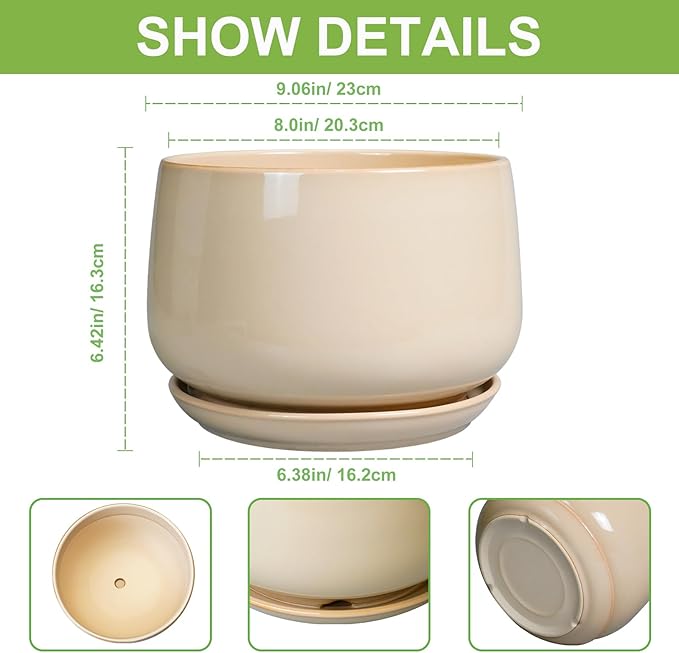 G EPGardening Ceramic Plant Pots - 9 Inch Round Planter, Ceramic Flower Pots with Drainage and Saucer, Modern Indoor Outdoor Planter, Room Decor, Home Gifts, Beige