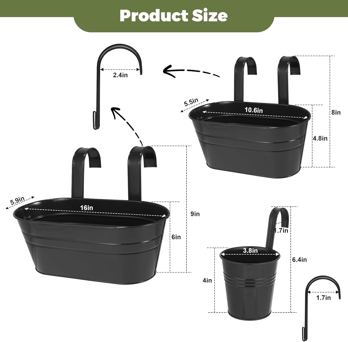 3 Different Size Metal Iron Hanging Flower Pots 13 Pcs for Outdoor Plants Metal Hanging Bucket Pots Iron Railing Fence Planter with Drainage Holes and Hooks for Porch Railing Balcony Fence (Black)