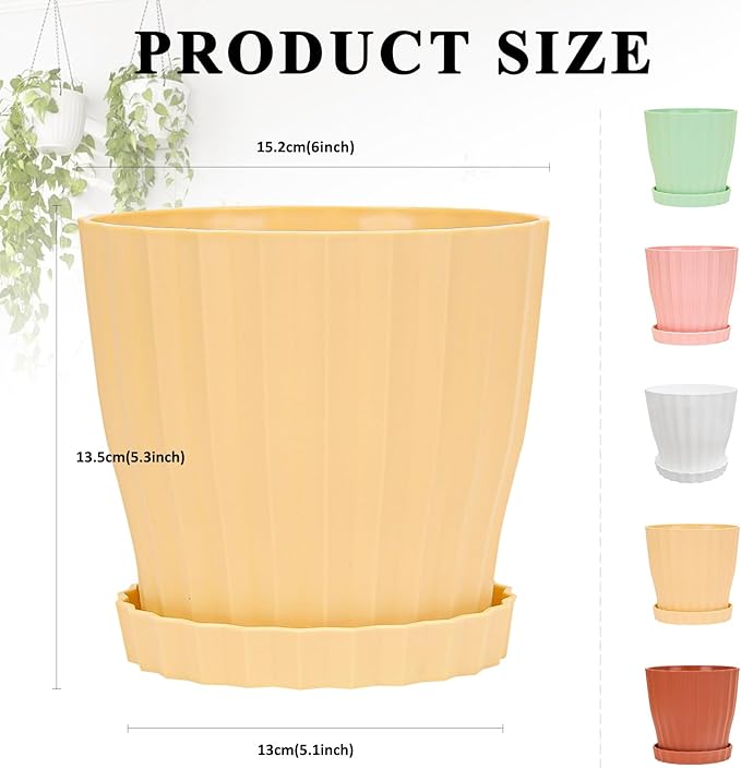 6 inch Flower Pots for Plants with Drainage Holes and Saucer, 5 Pack Plastic Plant Pots Indoor Planters for Outdoor Plants Small Garden House Home Decor, Nursery Pots for Succulent Colorful