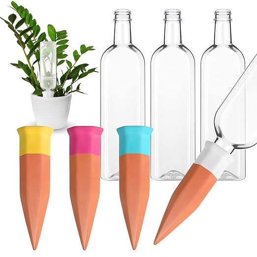 4 Pack Plant Watering Devices, Terracotta Self Watering Spikes with 25 oz Plastic Wine Bottles, Slow Release Plant Waterer Self Watering Planter for Vacation Indoor Outdoor Plant