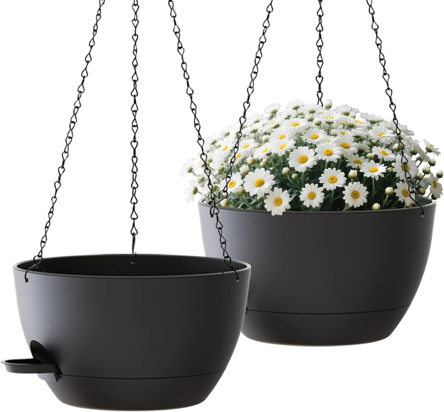 2 Pack Hanging Planters for Indoor Outdoor Plants, 12 Inch Self Watering Hanging Pot with Drainage Holes and Saucer, Plastic Plant Pots, Black Flower Pots for Kitchen, Balcony, Garden