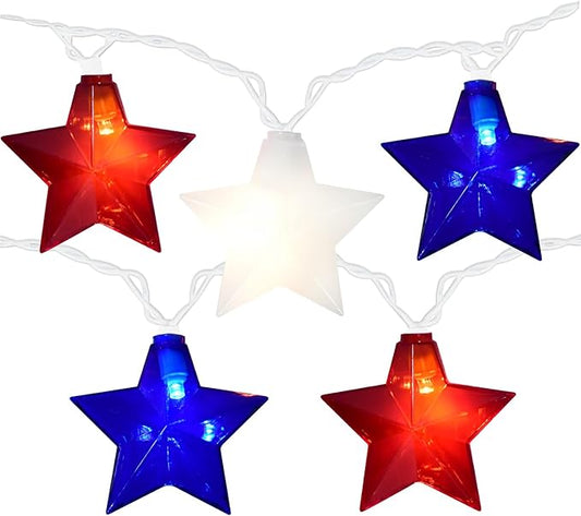 20 LED 4th of July Decor Big Star Lights, 17FT Red White and Blue Star String Lights Plug in, Memorial Day Independence Day Patriotic Decorations Outdoor Indoor for Home Garden Patio, White Wire
