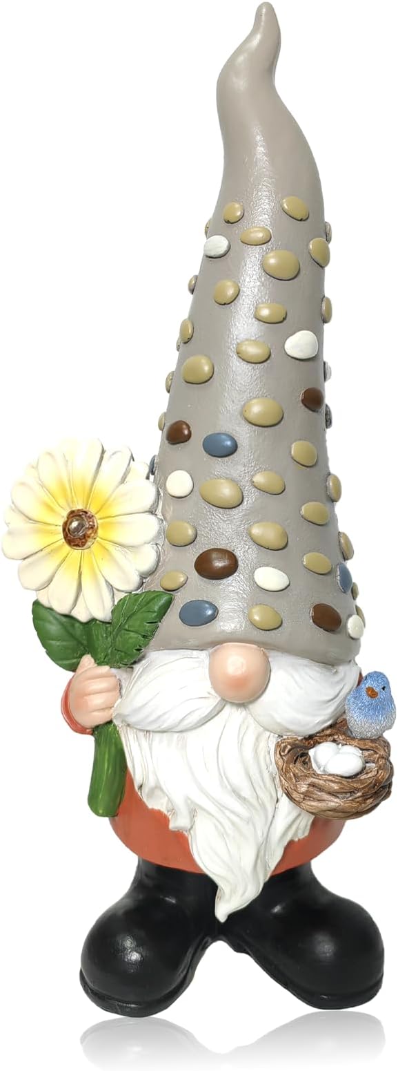 12 Inch Solar Garden Gnome Statue Clearance with Sunflower and Bird's Nest Light – Outdoor High Hat Gnome Sculpture Outdoor Statue for Patio and Garden Decor – Figurine Gift for Gnome Lovers