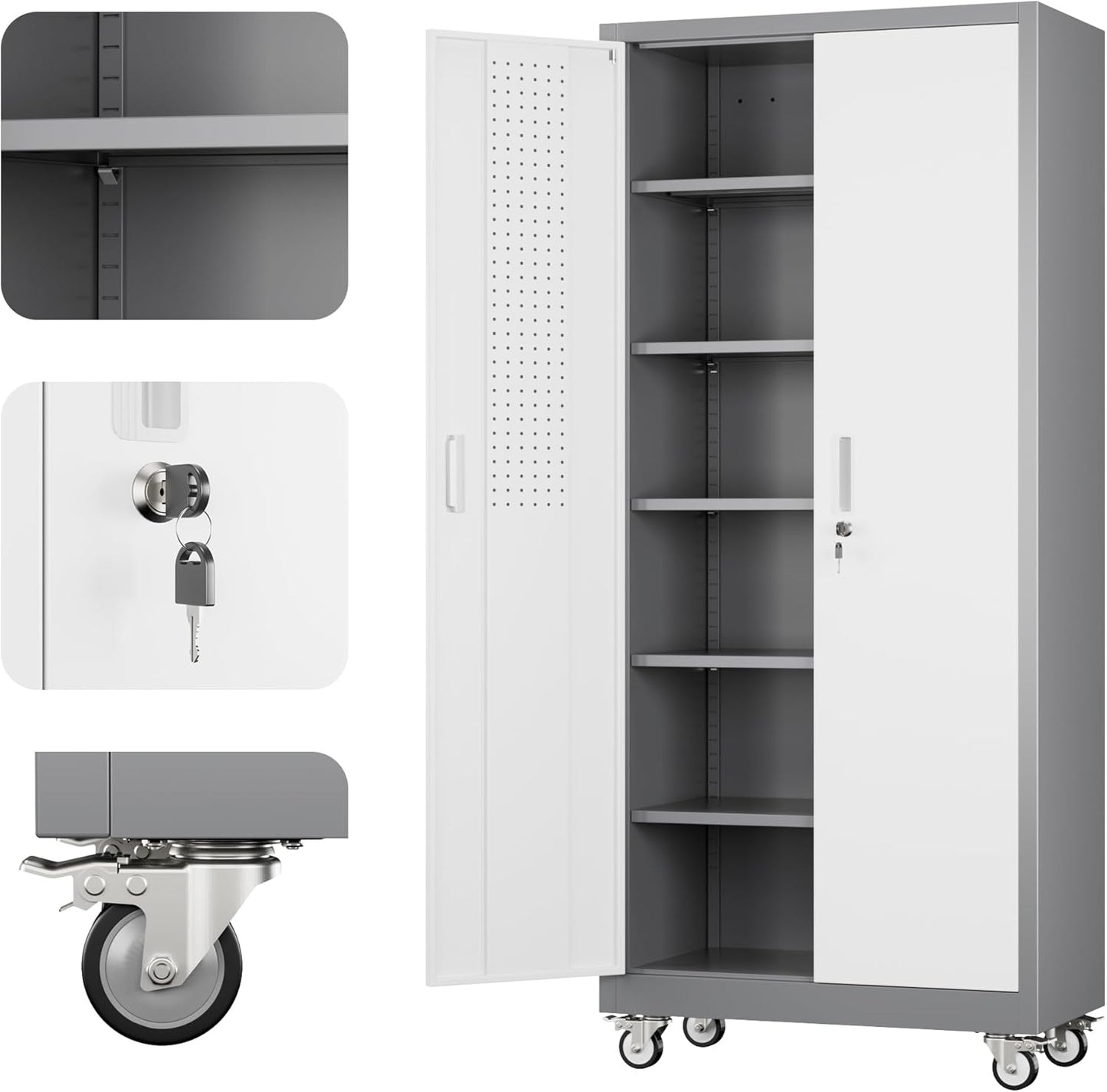 Aobabo 71" H x 32" W x 16" D Metal Storage Cabinet with Wheels, Garage Steel Storage Cabinet with 5 Adjustable Shelves and 4 Hooks for Home Office School, Assembly Required, Grey White
