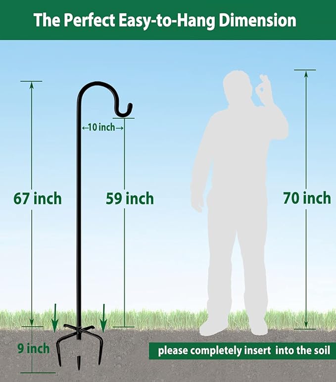 Artibear Adjustable Outdoor Shepherd Hook Stand with 5 Prong Base, 76 Inches Tall 3/5 in Thick, Shiny Black (2 Packs)