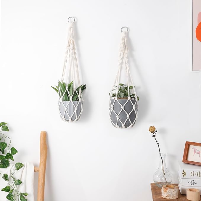 Artilady Macrame Plant Hanger Large Hanging Planter for Indoor Plants Holder White Cotton Rope Hanging Plant Basket Handmade Outdoor Window Boho Plant Wall Decor