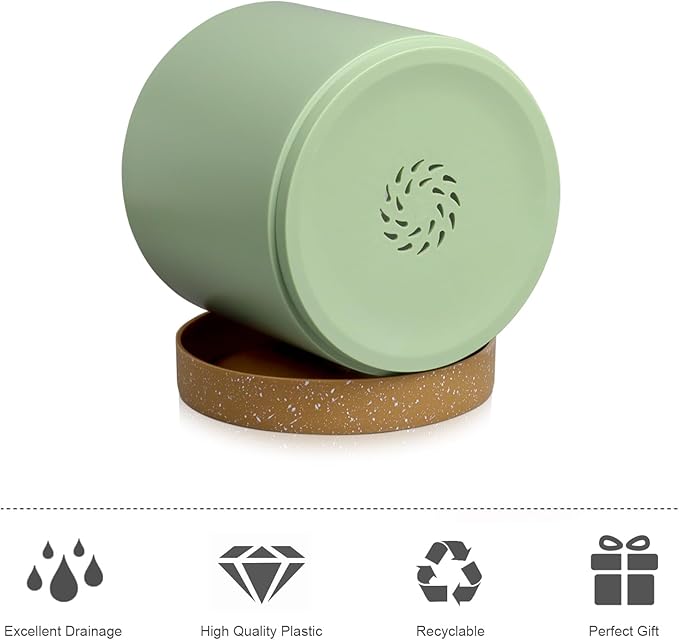 3 Pack 6/5/4 inch Cylindrical Flower Pots, Modern Small Round Plastic Plant Pots with Drainage Holes & Saucers, Clean and Refined Planter Pots for Outdoor, Indoor & Office Decor (Green Brown)