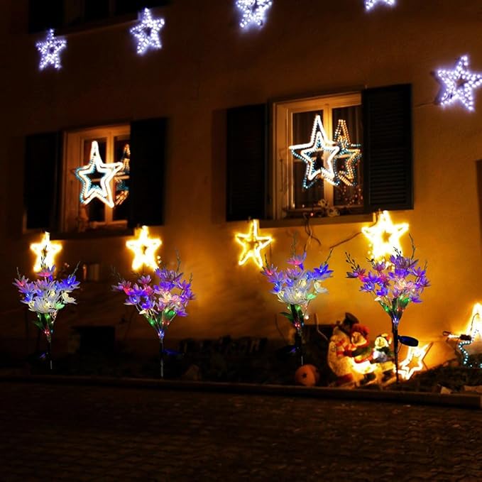 GUOCHENG 4 Pack Solar Flower Lights Outdoor Garden, Denser 5-Head Snow Lotus Solar Flower Decor, 4-Color Light & 2 Lightning Modes for Outside Yard Patio Cemetery Decorations(Colorful)