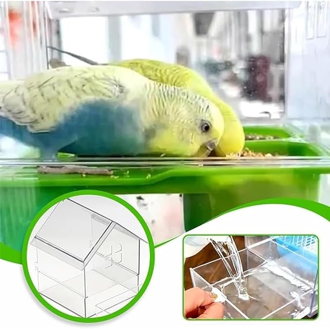 2026 New Pull-Out External Parrot Feeder, Bird Bath for Cage, 7*6*5.5in Bird Feeder House, Transparent Parakeet Cage Accessories, Easy To Fill, Clean, Long-Lasting, for Finch and Hummingbird (Green)