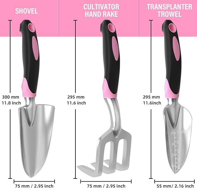 Garden Tool Set SOYUS Heavy Duty 3 Piece Gardening Hand Tools Aluminum Garden Shovel for Planting Hand Trowel Cultivator Rake with Ergonomic Non-Slip Rubber Grip Pink Gardening Gifts for Women