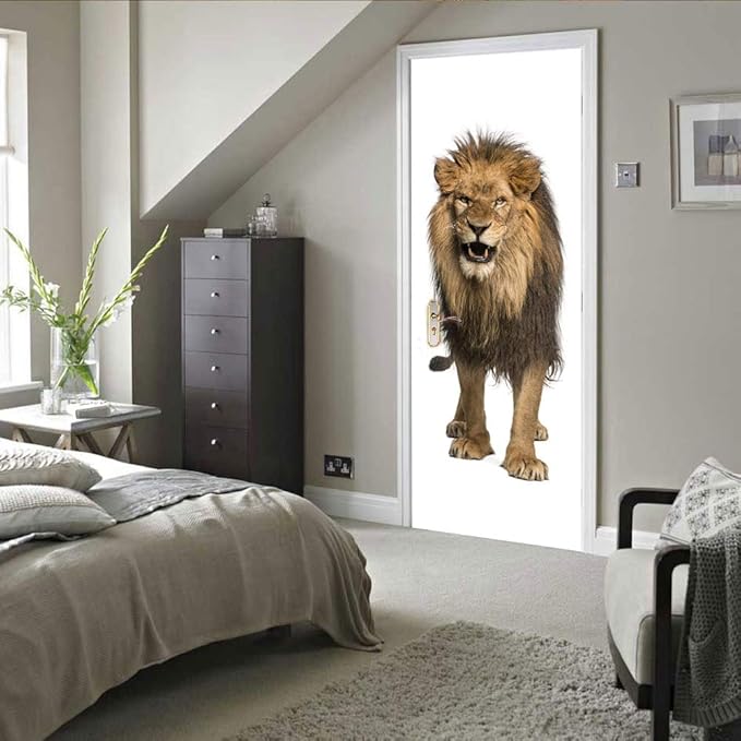 3D Lion Door Stickers - Peel & Stick - Waterproof & Washable - Matt Finish - Realistic Animal Print - Adults - 31.5 x 78.7 inch - 2 PARTS