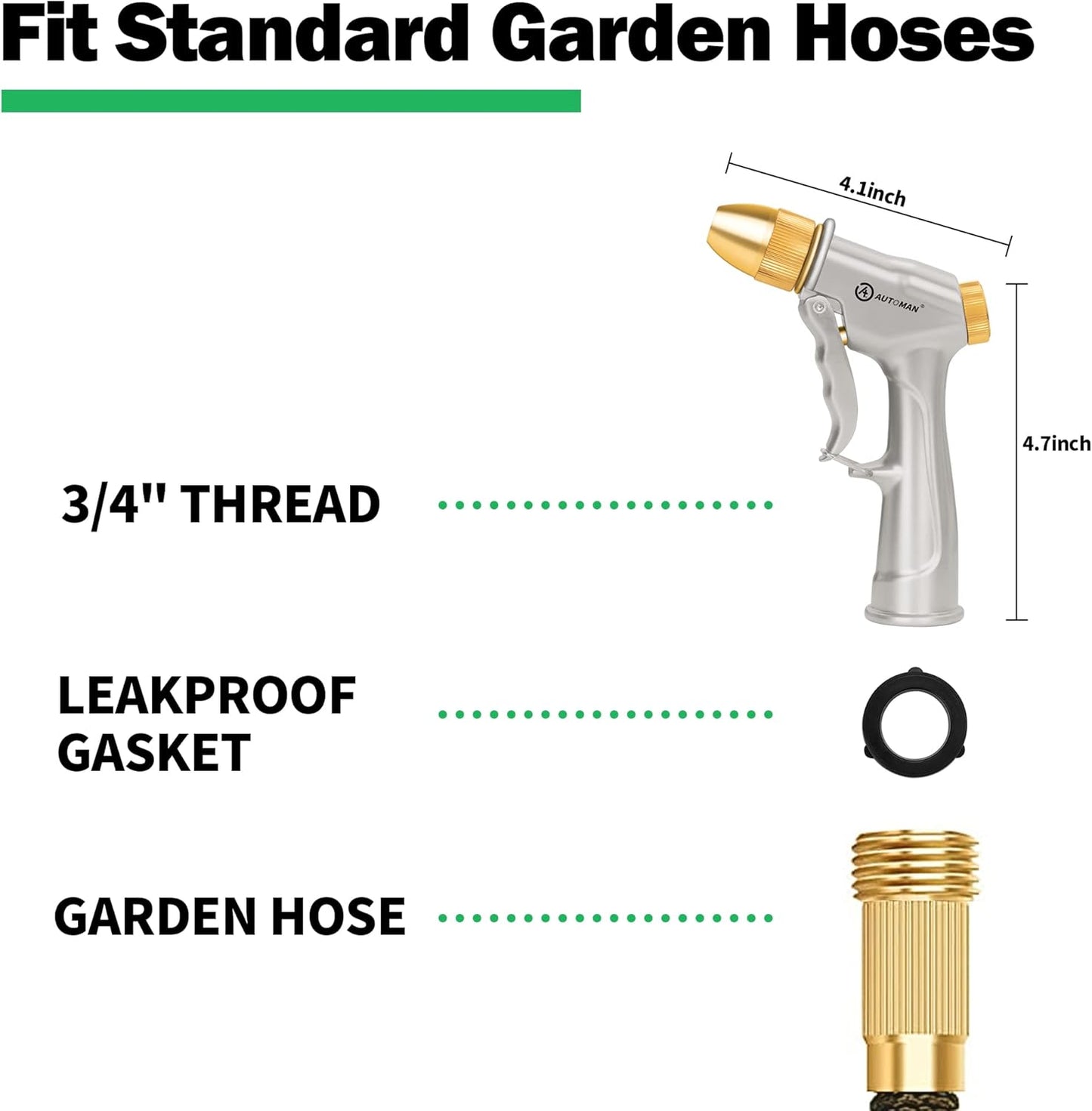 AUTOMAN Garden Hose Nozzle Sprayer - High Pressure 100% Metal Water Spray Nozzle With 4 Patterns - Heavy Duty for Watering Plants, Lawns, Washing Cars & Pets