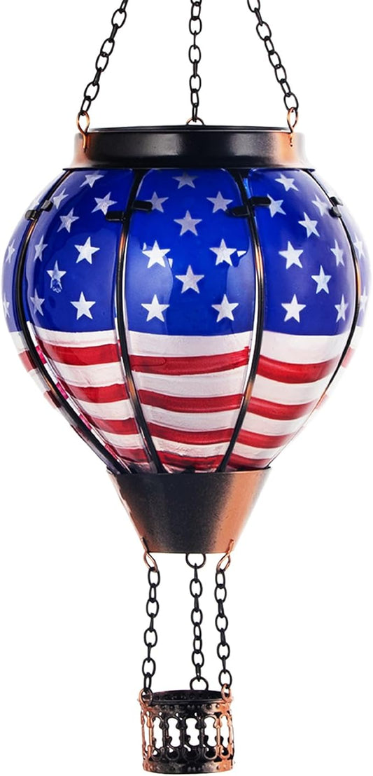 18inch Hot Air Balloon Solar Lantern with Flickering Flame Hanging Solar Outdoor Lantern Lights Waterproof Lanterns for Garden Patio Yard Party Decoration Star Flag