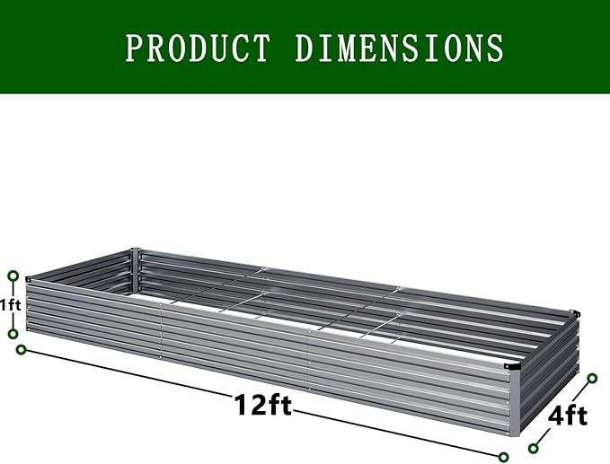 Galvanized Raised Garden Bed,12×4×1FT Metal Planting Box for Outdoor Vegetable, Herb,Planter Gardening (Silver)