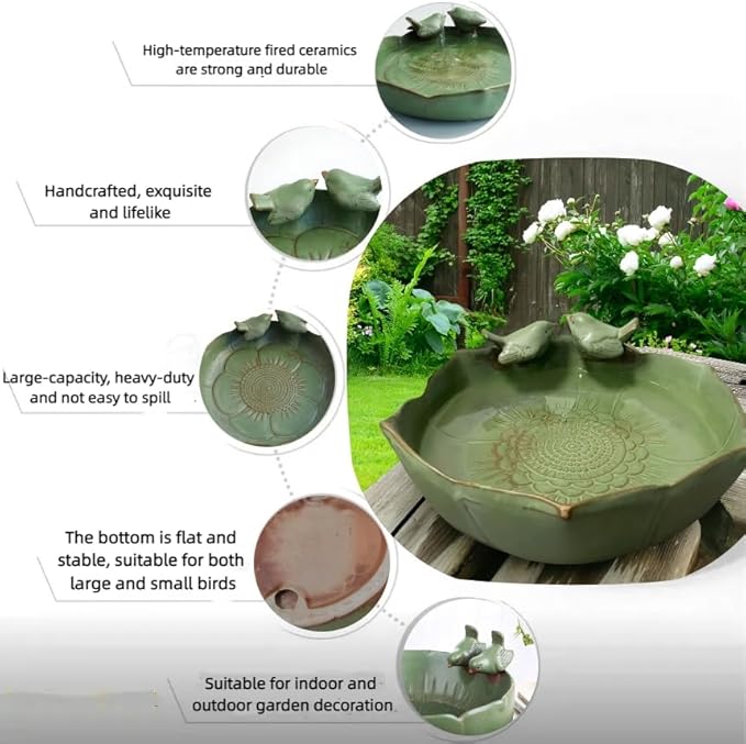 Bird Bath for Outside on Ground, 10 in Ceramic Birds Bath Bowl, Handmade Ground Bird Feeders and birdbath for Outdoors for Outdoors, Garden, Tabletop, Balcony and Lawn (Big - deep)