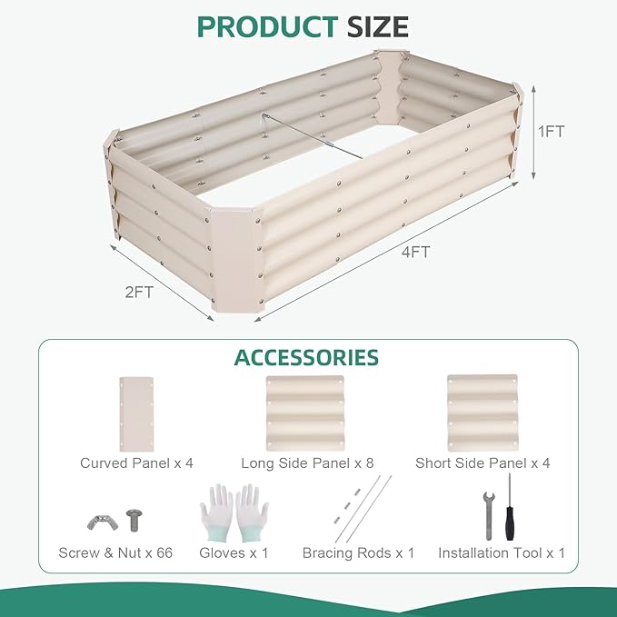 Galvanized Raised Garden Bed - 4x2x1ft Metal Garden Planter Box Outdoor | Steel Raised Bed Kit with Bracing Rods, Gloves for Gardening Vegetables Fruits and Flowers (White)