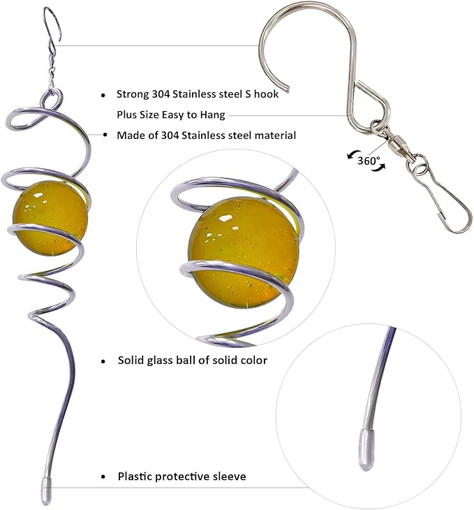 Gazing Ball Spiral Decorative Wind Spinner Tail Wind Spinner Sun Catcher 11inch Tail and 2 inch Glass Orb. Wind Spinner Stabilizer Indoor Outdoor Garden Decoration -13 inch Height(Gold)