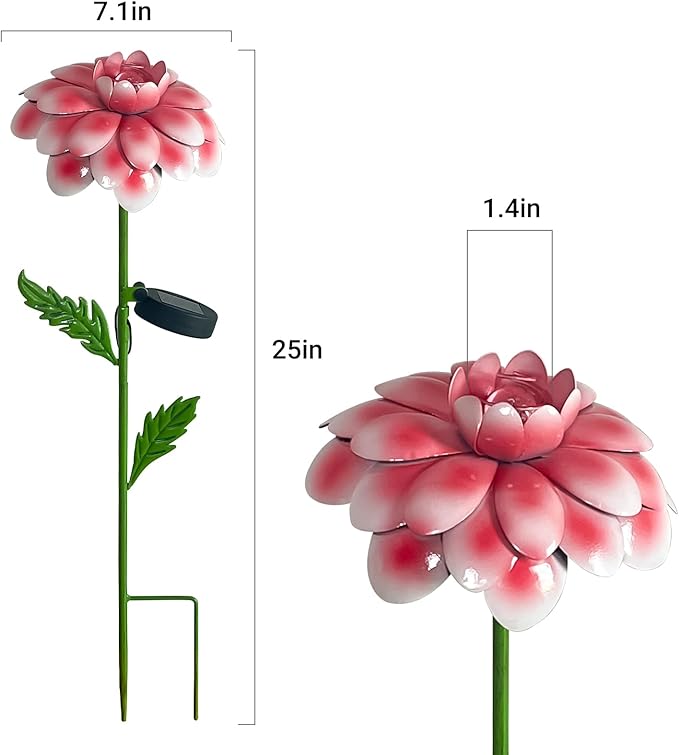 4Pcs 25" Solar Garden Decor for Outside, 3D Metal Flowers for Outside, Valentines Day Garden Stakes Decoration, Solar Lights Garden Decor, Yard Art for Lawn Patio Porch Gifts for Her
