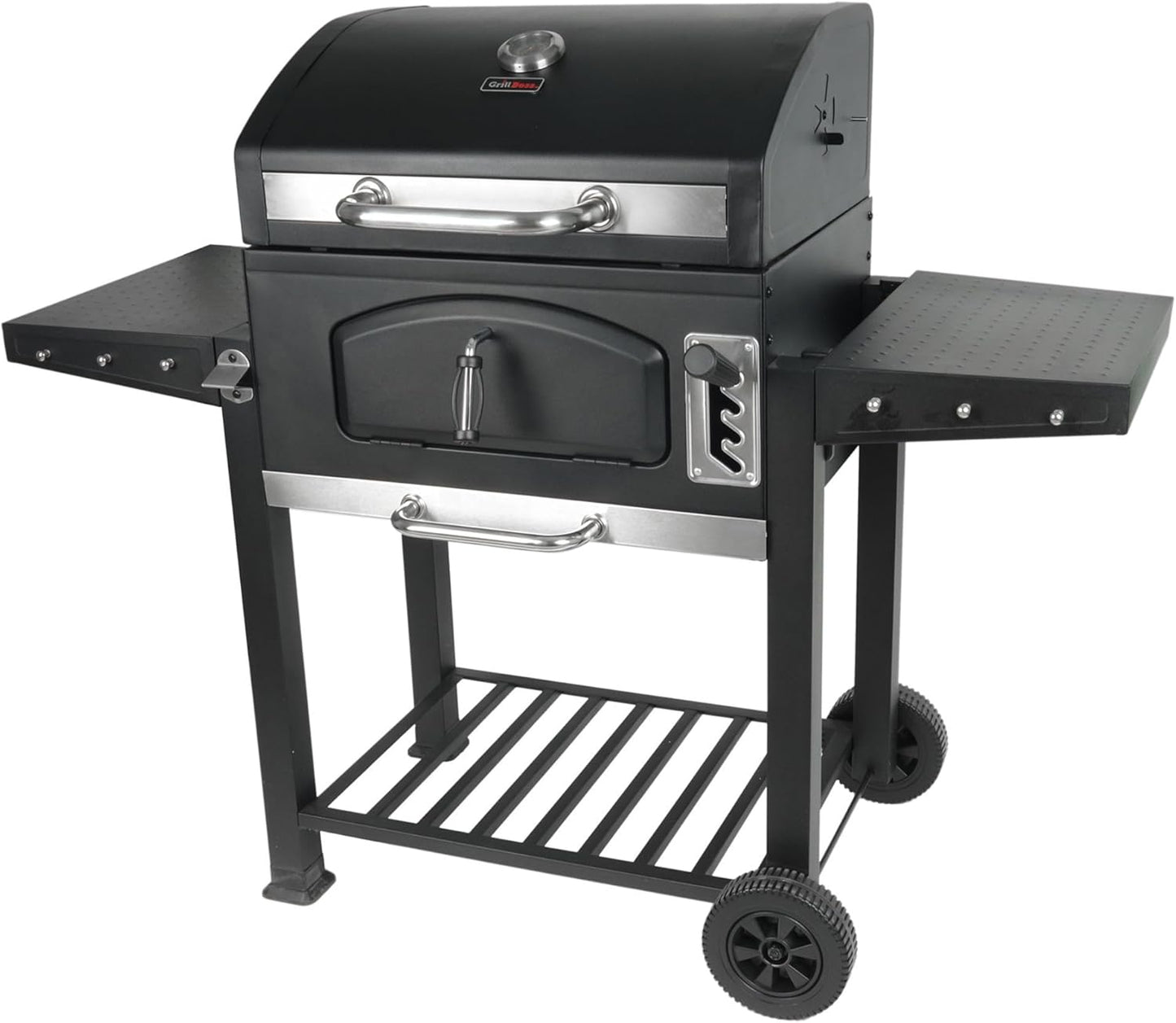 Grill Boss 24 Inch Charcoal BBQ Grill with Side Shelves, Built-In Thermometer, Black