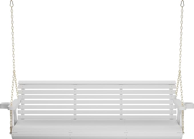 Amish Casual 6 Foot Roll Back Porch Swing with Cup Holders in Semi-Solid White Stain - Amish Made in The USA from Treated Pine Heavy Duty 700 Lb. Weight Capacity