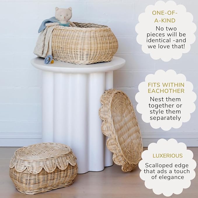 BEBE BASK The Original Scalloped Basket Set Of 2 – Small Scallop Basket - 15 x 10 x 6 In - Hand-Woven & Award-Winning - Elegant Wicker With Scalloped Edge Lid - Nursery Storage - (Natural)