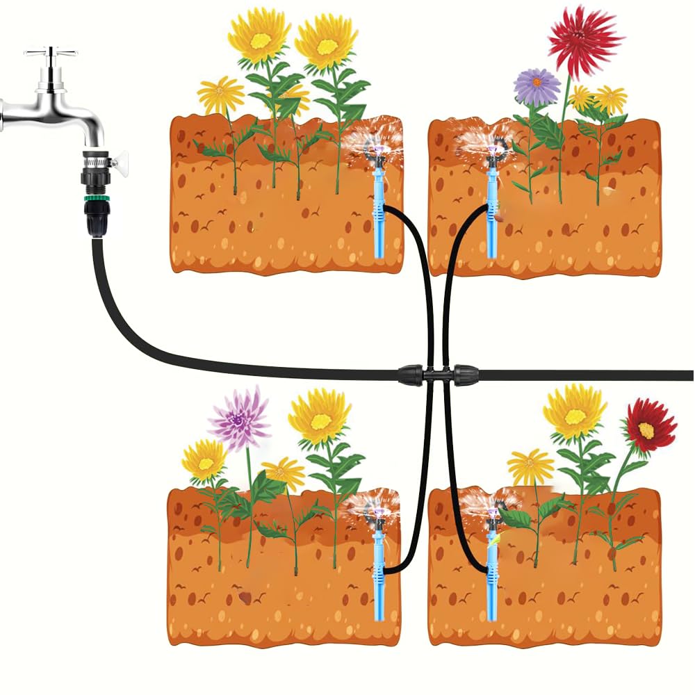 26FT/8M Rotary Sprinkler Drip Irrigation System, Adjustable Complete Drip Irrigation Kit with Rotary Sprinkler, 1/2" and 1/4" Irrigation Tubing and Barbed Fittings for Garden,Raised Beds,Yard,Lawn