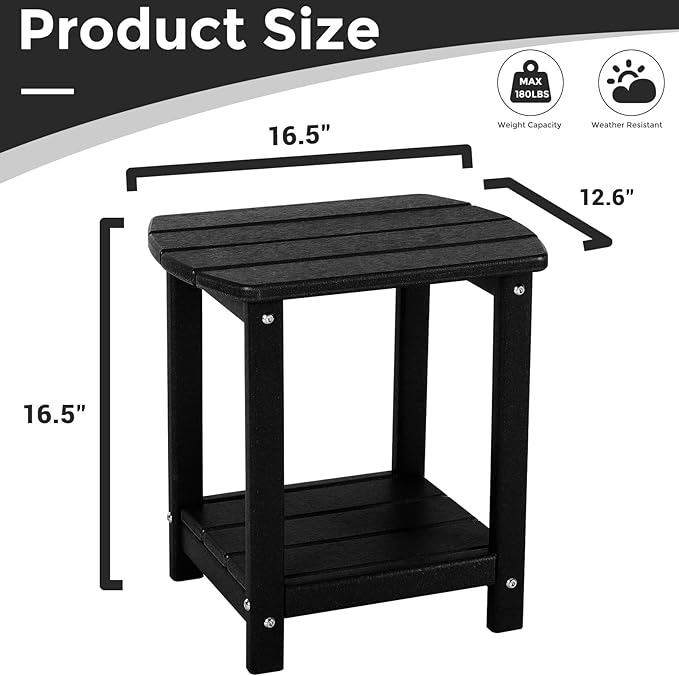 Adirondack Square Outdoor Side Table,2-Tier Storage Patio Side Table, HDPE End Tables for Backyard Pool Porch Garden Lawn(Black)