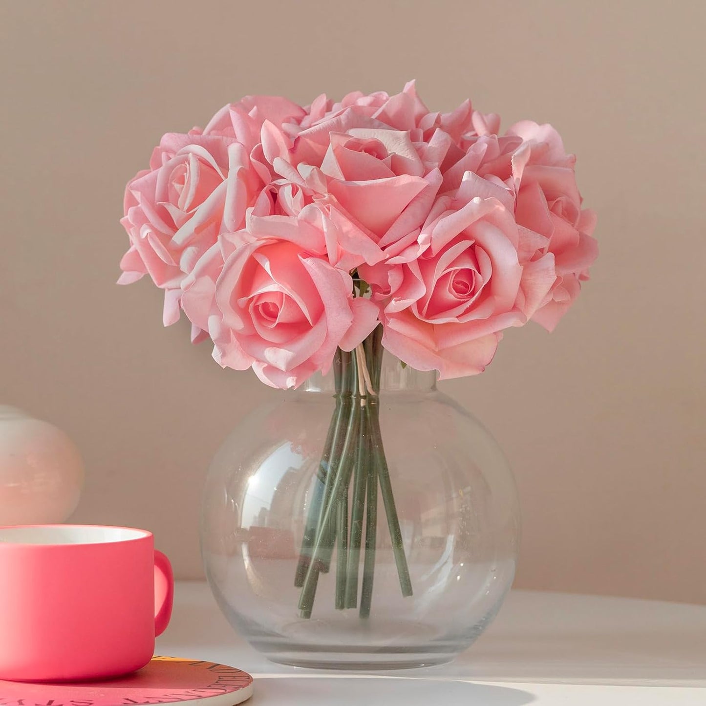 Artificial Roses Single Stem 10pcs Fake Silk Flower Arrangement Bouquet Real Touch for Home Party Wedding Decoration(Deep Pink)