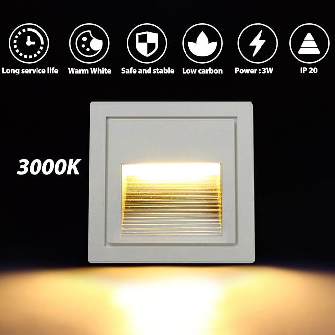 1pcs/3W Wall Recessed Stair Lights LED,Warm White,Indoor Step Light,Square Recessed Wall Light,White Cover Staircase Light IP20 for Indoor Stairs, Home, Kitchen, Attic, Aisle