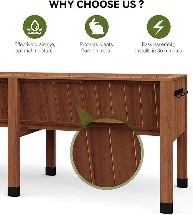 72x26x31 Inch Raised Garden Bed with Legs, 13.7In Depth Wooden Planter Box for Outdoor Growing Vegetables and Herbs, Elevated Garden Bed with Hooks for Backyard, Patio, Balcony