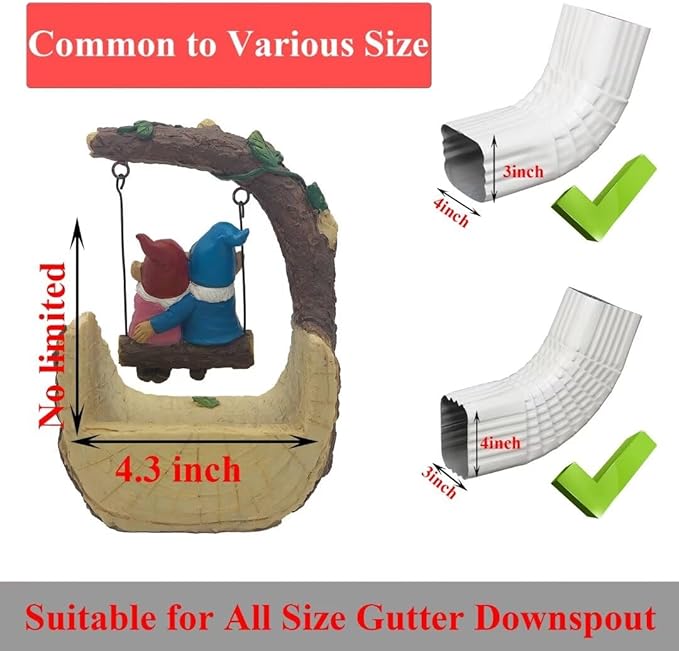 Gnome On The Swing Gutter Downspout Extension Decoration,Rain Downspout Diverter Garden Statue,Decorative Gutter Extension,Downspout Splash Block,Animal Resin Statue Outdoor Décor