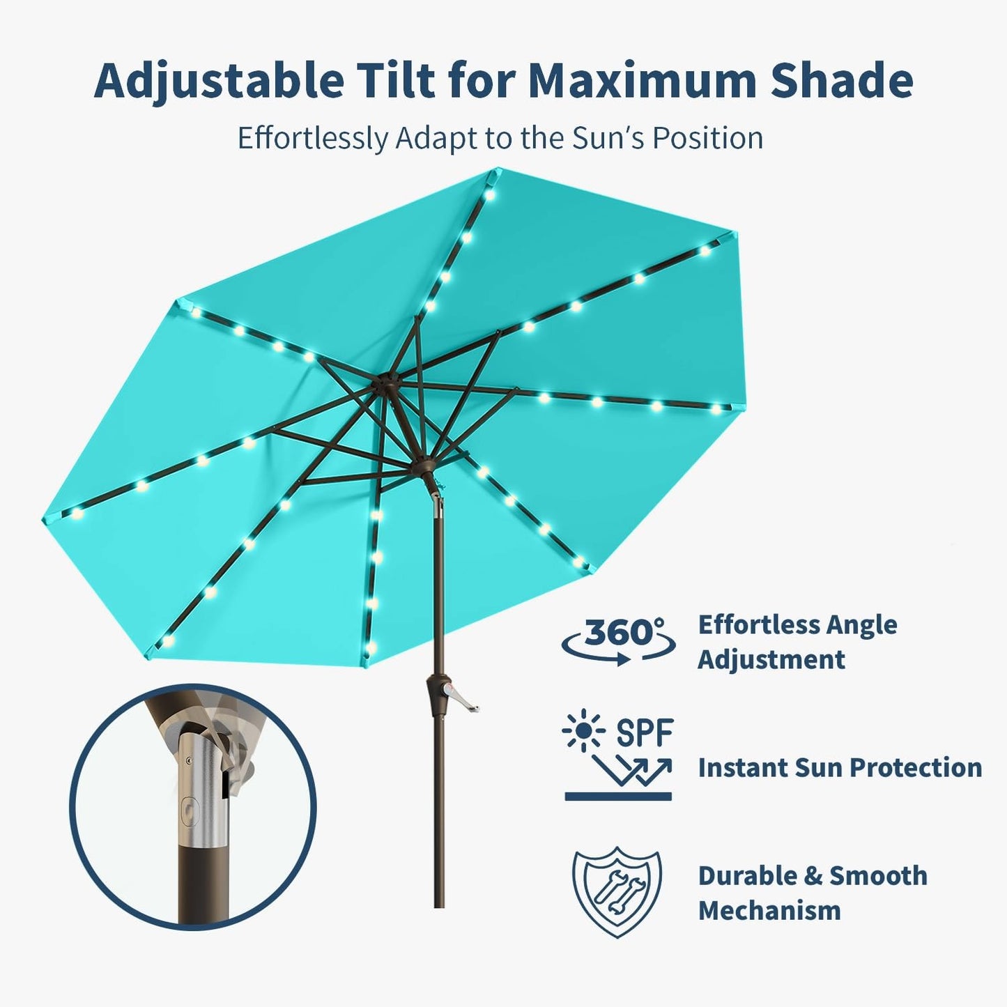 9FT Solar Umbrella 32 LED Lighted Patio Umbrella Table Market Umbrella w/Tilt and Crank, UV-Resistant Outdoor Umbrella for Pool, Garden, Deck, Aqua Blue
