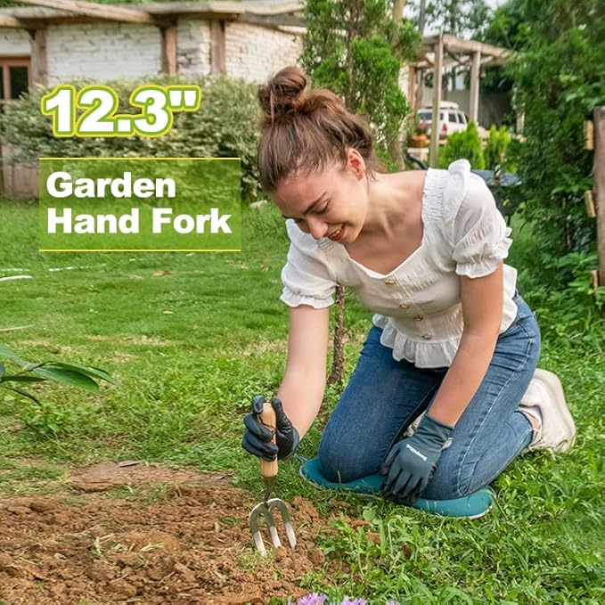 Berry&Bird Gardening Hand Fork, Stainless Steel Hand Weed Fork, Traditional Garden Hand Fork Tool with Ergonomic Ash Wood Handle for Weeding, Digging, Planting and Cultivating