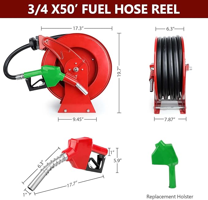 Fuel Hose Reel with Fueling Nozzle, 3/4" x 50FT Retractable Diesel Hose Reel, 300 PSI Industrial Heavy Duty Auto Swivel Rewind Hose Holder Reels, for Vehicle Tank Truck Trailer Ship