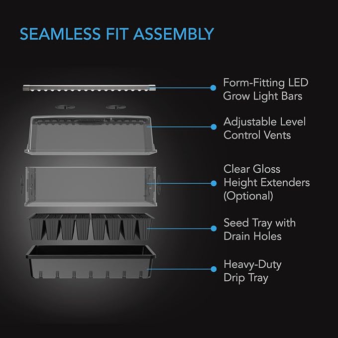 AC Infinity Heavy Duty 3mm Thick Humidity Dome Germination Kit with LED Grow Light Bars, Drip Tray, Seedling Tray, Vented Height Extension Panels for Seed Starting, Cloning, Indoor Gardening