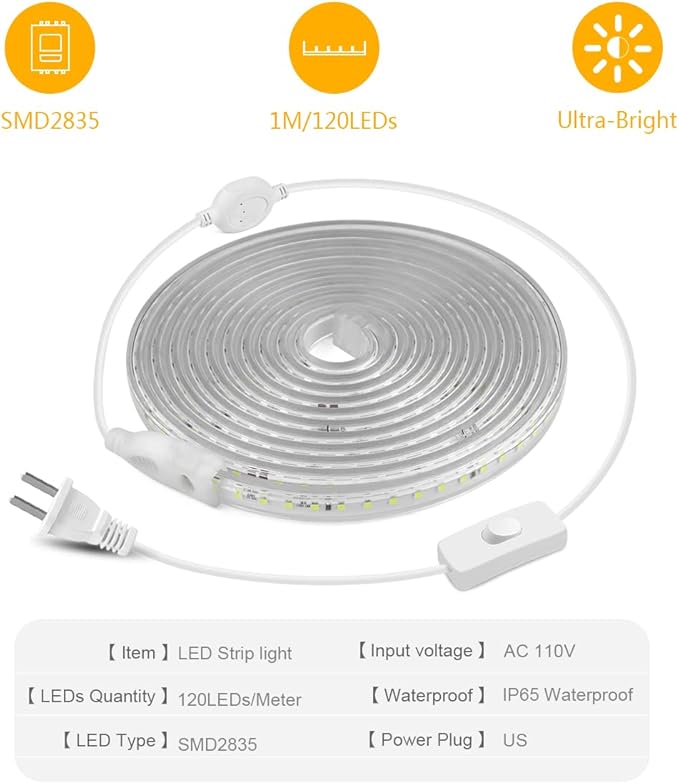 9.84FT LED Strip Lights Outdoor Waterproof, 6500K Super Bright LED Tape Lights,110 V White Rope Lights,360 LEDs Strip Lighting for Bedroom, Backyards, Garden