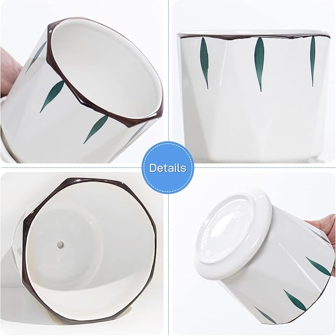 7 5 4 inch Plant Pots for Indoor, Hand Painting Ceramic Flower Planter Outdoor Set of 3 with Drainage and Saucer, Succulent Pots for Mom Family