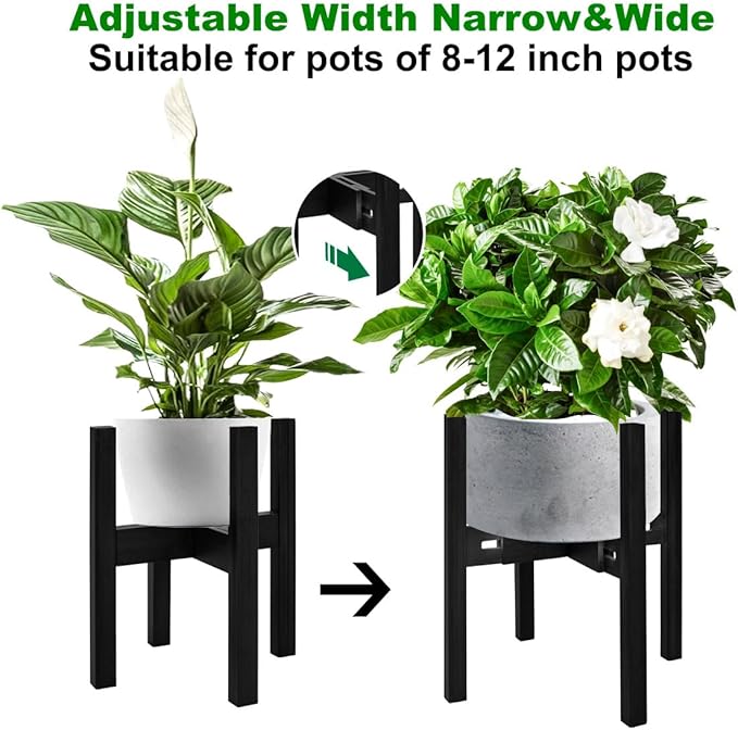 Adjustable Plant Stand Indoor,Bamboo Mid Century Modern Plants Stands, Stable Plant Holder,Fit 8 9 10 11 12 inch Pots (Pot & Plant Not Included)(Black)