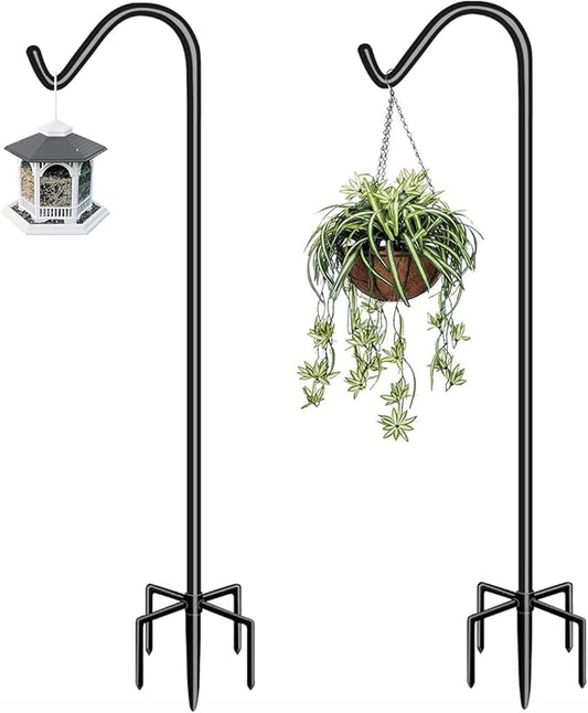 Garbuildman 92 Inch Tall Shepherd Hooks with 5-Forked Base, Adjustable Heavy Duty Bird Feeder Pole Stand Hanger for Outdoor, Shiny Black, 2 Pack