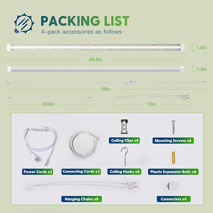 FREELICHT 4 Pack 4FT LED Grow Light with Timer, 40W (250W Equivalent), Full Spectrum Grow Lights for Indoor Plants with 9/12/15H Timer, Linkable Plant Growing Lamp for Hydroponic Plants Seeding Veg