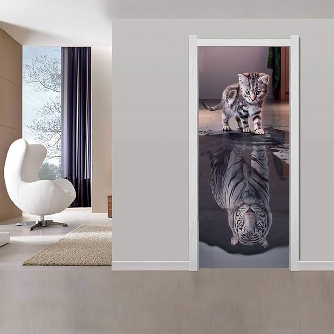 3D Cat to Tiger Transformation Door Sticker - Premium PVC, Matte Finish, White, Contemporary Style - Peel & Stick, Waterproof, Removable - 35.4" x 78.7" (2 Pieces) - For Doors, Walls